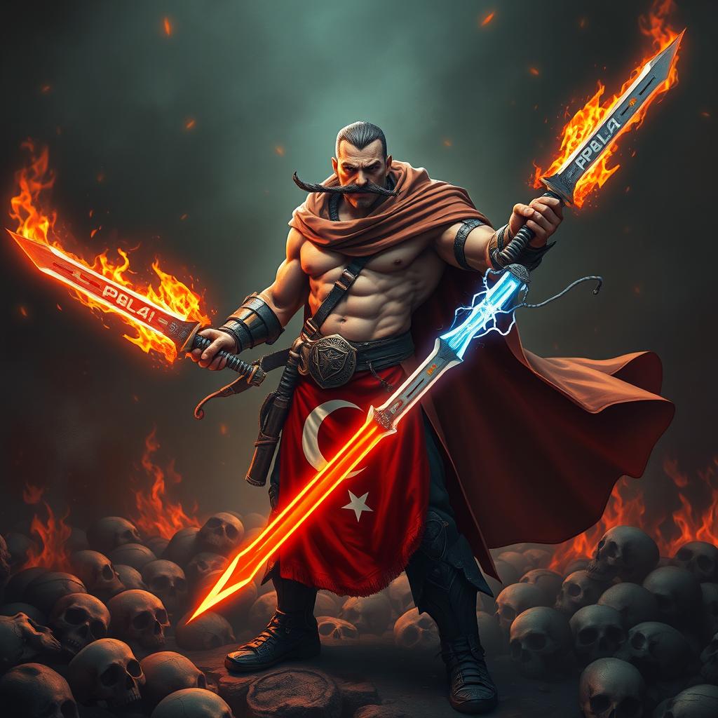 A rogue warrior standing in the depths of hell, surrounded by skulls, exuding a fierce and powerful aura