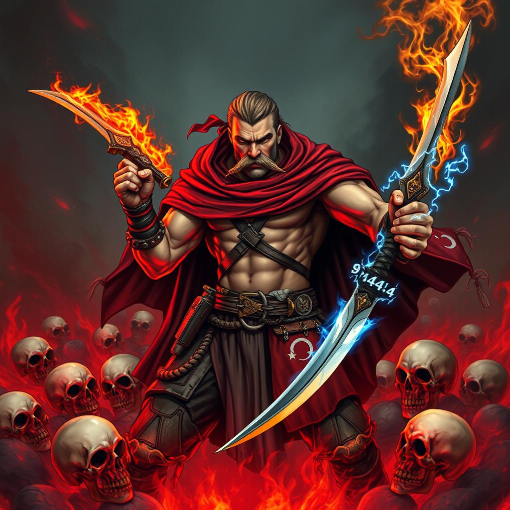 A rogue warrior depicted in a fiery hell, wielding two unique swords: one fiery and the other with an electric theme