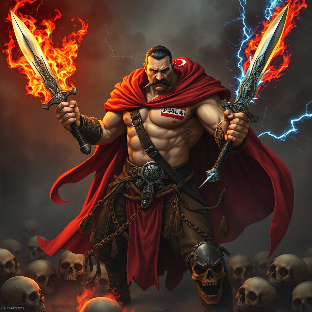 A rogue warrior in a chaotic hellscape, wielding two unique swords: one fiery scimitar and one themed with electric energy, both inscribed with 'P4L4'