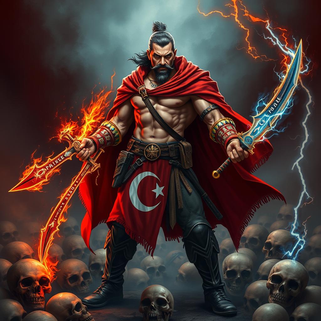 A rogue warrior standing in the depths of hell, surrounded by skulls