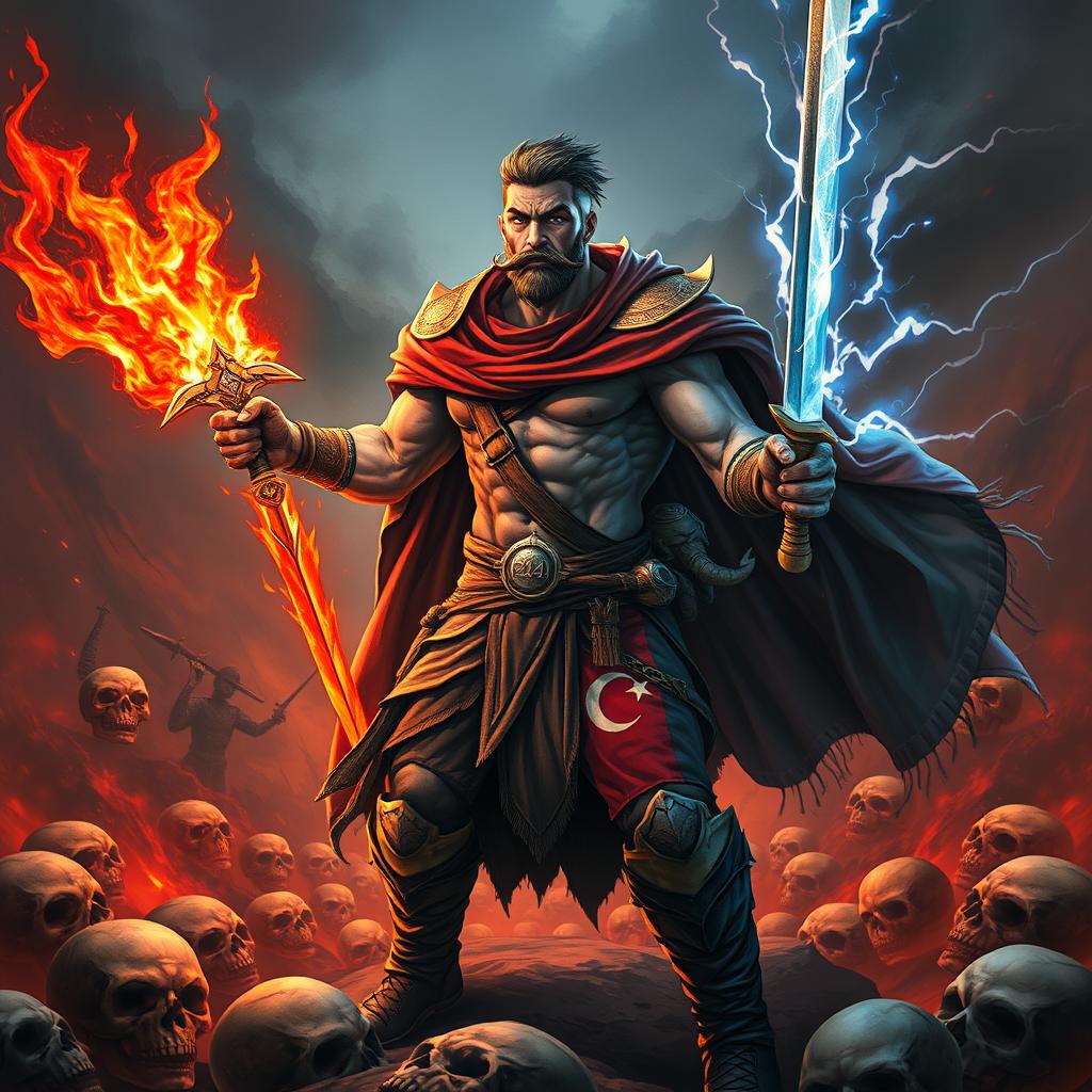 A fierce rogue warrior in a hellish landscape filled with skulls, wielding a fiery sword in one hand and an electric-themed sword in the other
