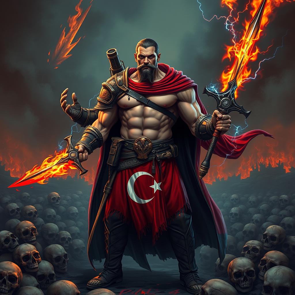 A muscular rogue warrior standing amidst a hellish landscape filled with skulls