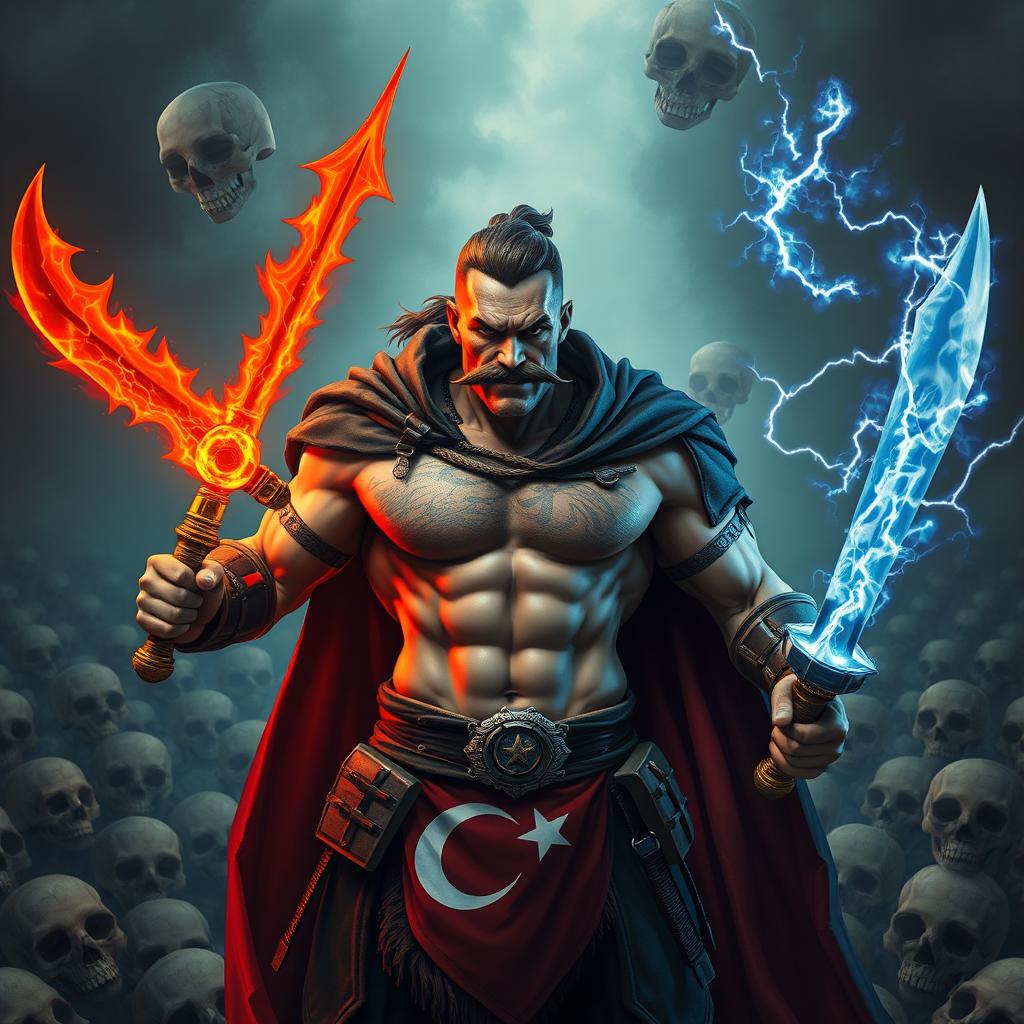 A muscular rogue warrior in a hellish environment filled with skulls
