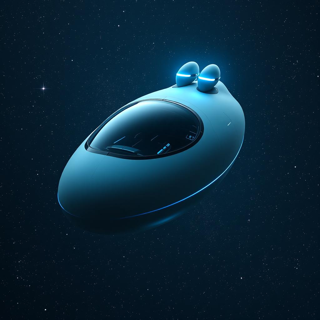 A futuristic spaceship shaped like an elongated egg, flying in the vastness of space