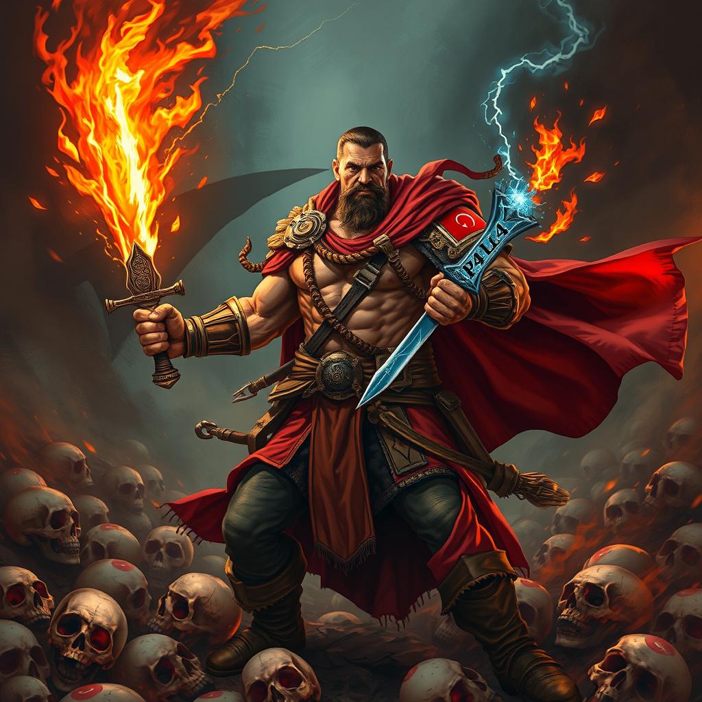 A rogue warrior with a muscular physique, wielding a fiery sword and an electric-themed blade, both adorned with the inscription 'P4L4'
