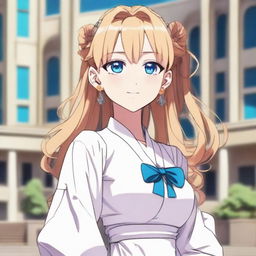 An attractive girl with caramel blonde, long, silky hair and blue eyes, in the style of Jujutsu Kaisen anime. She's wearing an oversized white dress with puffed sleeves, star-shaped earrings, standing and smiling in front of a University.