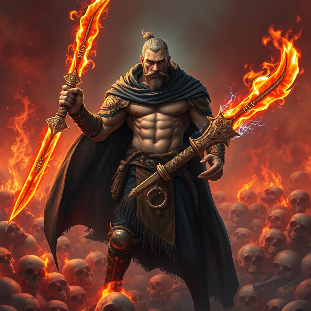 A rogue warrior standing in a fiery hellscape surrounded by skulls