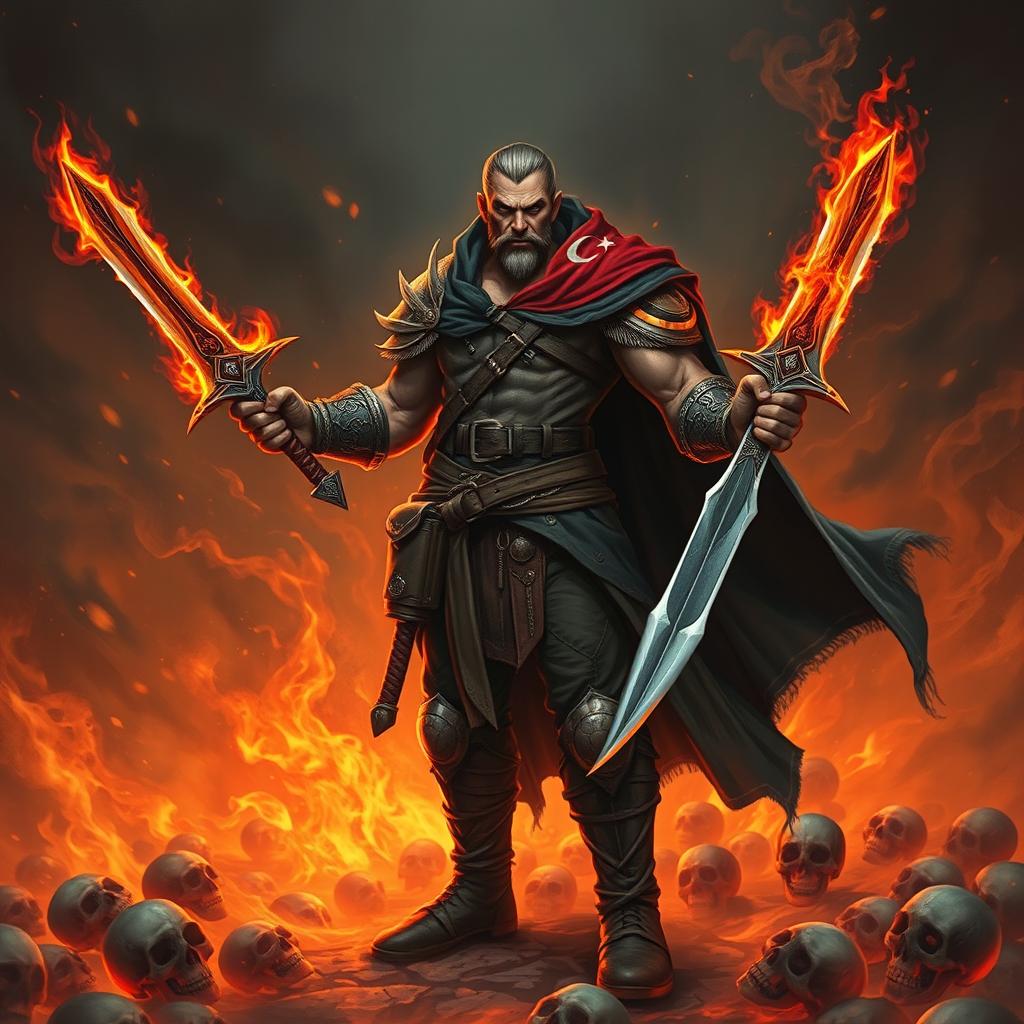 A rogue warrior standing in a blazing hellscape filled with skulls
