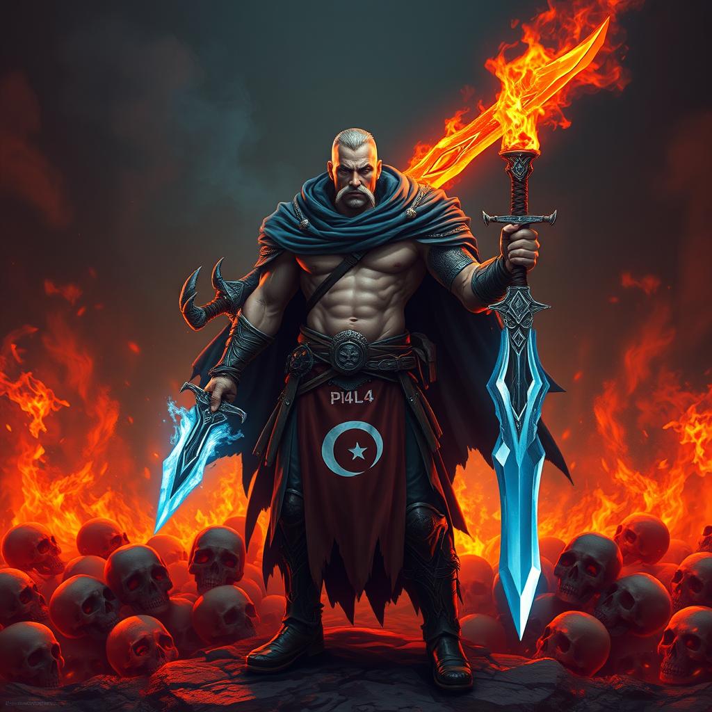 A rogue warrior standing in a hellish landscape filled with skulls and flames