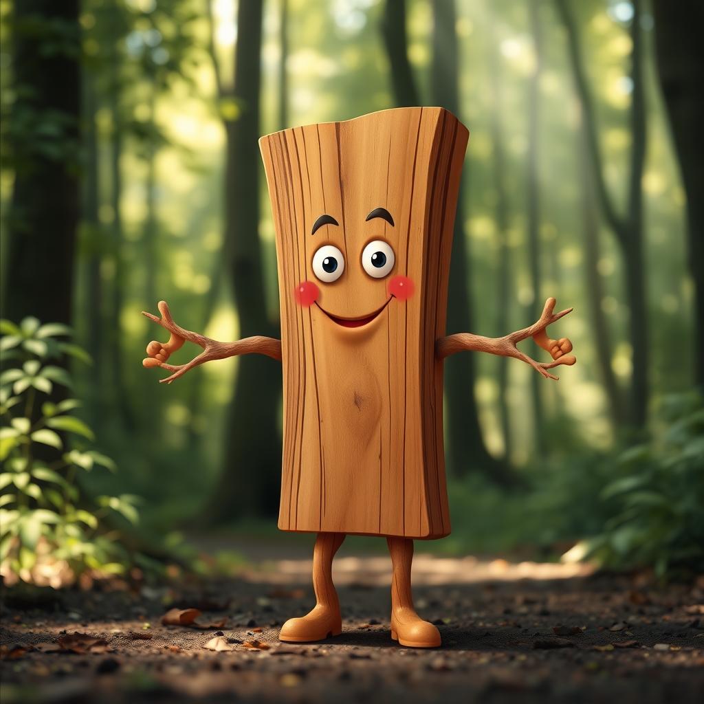 A whimsical character design of a wood plank anthropomorphized as a human