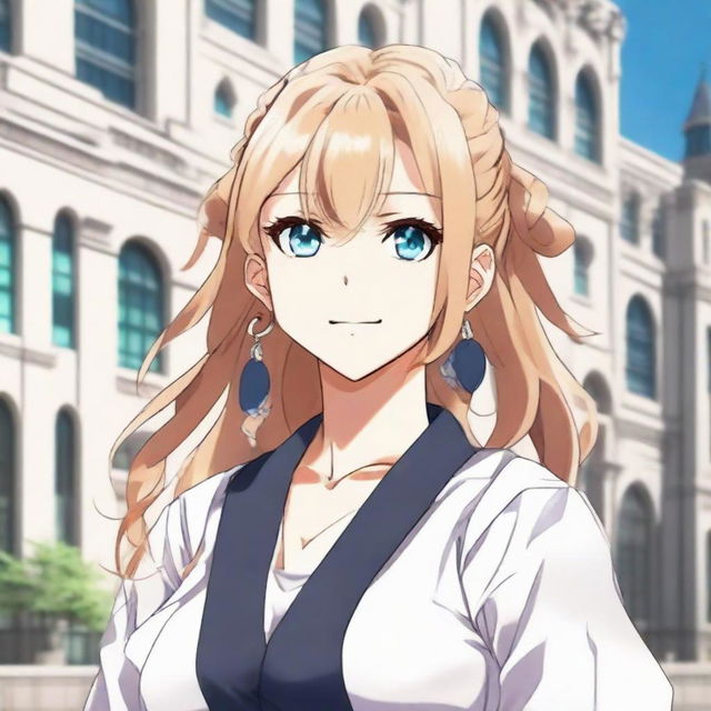 An attractive girl with caramel blonde, long, silky hair and blue eyes, in the style of Jujutsu Kaisen anime. She's wearing an oversized white dress with puffed sleeves, star-shaped earrings, standing and smiling in front of a University.