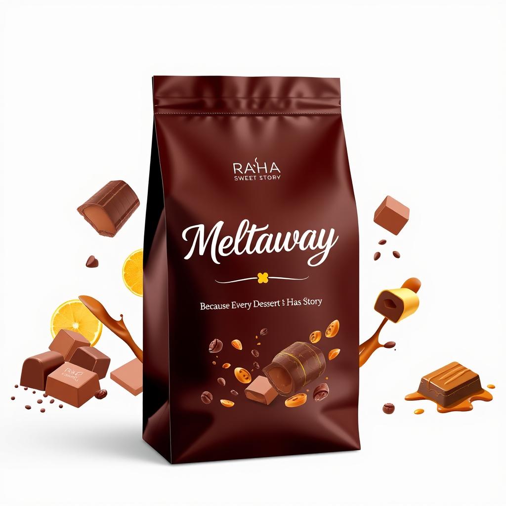 A visually appealing dessert bag design for 'Raha Sweet Story' featuring the dessert name 'Meltaway' prominently on the front
