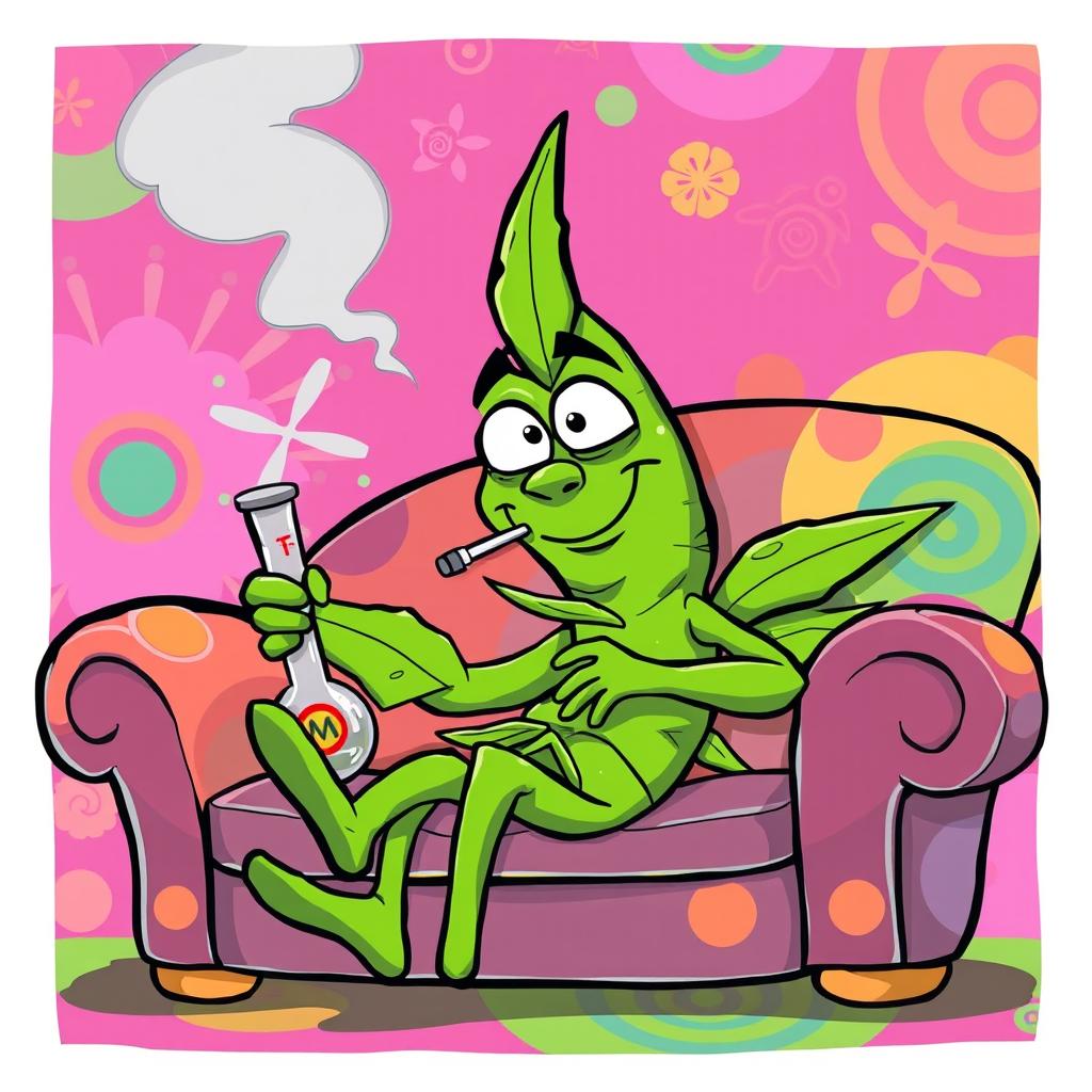 A cartoon depiction of a marijuana leaf with stoned eyes, lounging on a couch while smoking a bong