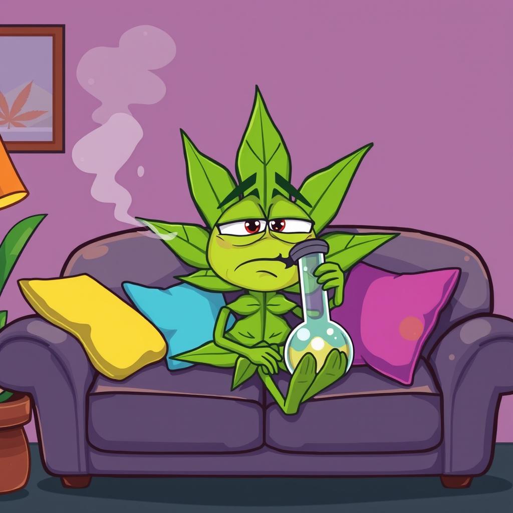 A cartoon-style marijuana leaf with exaggerated, droopy eyes that convey a high expression, sitting comfortably on a couch while smoking from a large bong