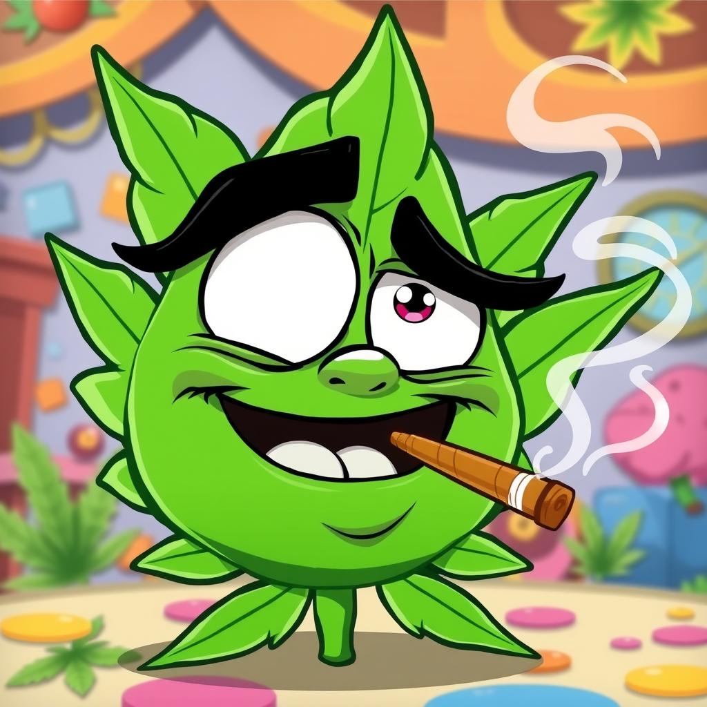 A cartoon marijuana leaf with exaggerated, droopy eyes that appear high, joyfully smoking a joint