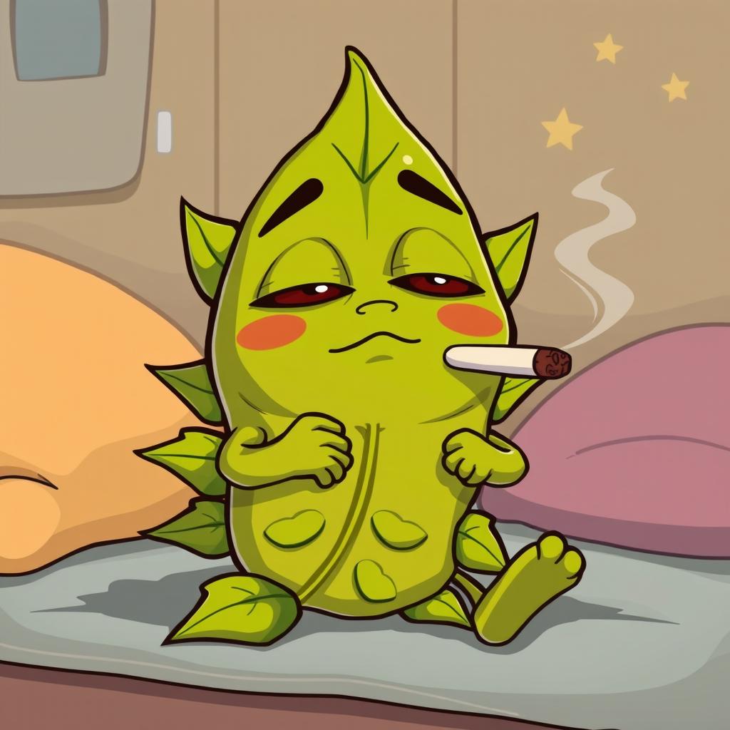 A cartoon marijuana leaf character with tired, red eyes, sitting back and nonchalantly smoking a joint
