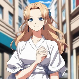 Portray a girl with long, silky caramel blonde hair and blue eyes in the anime style of Jujutsu Kaisen. She's wearing an oversized white dress with puffed sleeves, and is standing and smiling in front of a University.