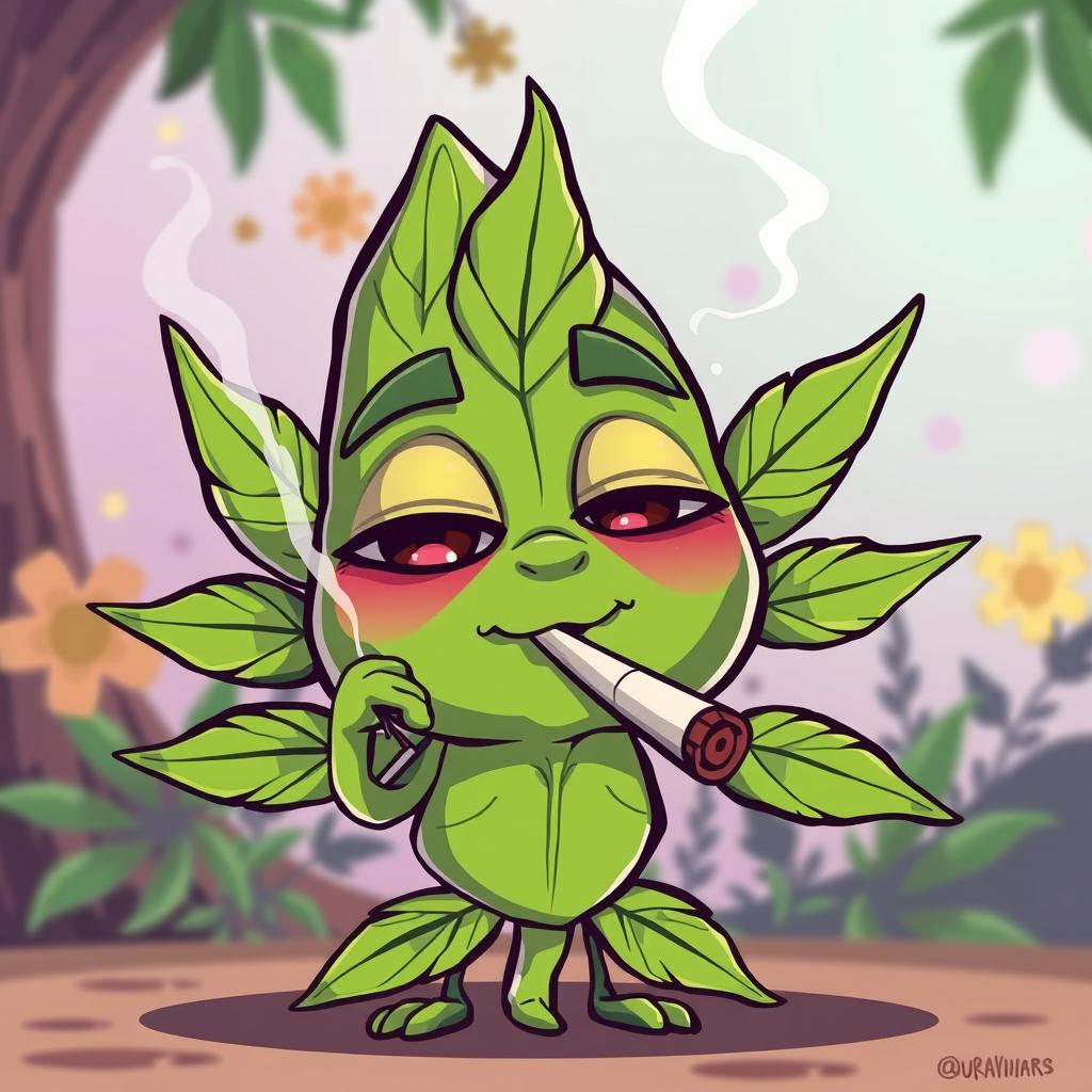 A cartoon-style marijuana leaf with bloodshot, sleepy eyes, smoking a joint