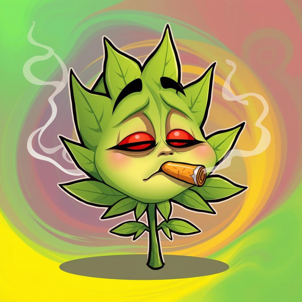 A cartoon depiction of a marijuana leaf with droopy, sleepy red eyes, exhaling smoke from a joint