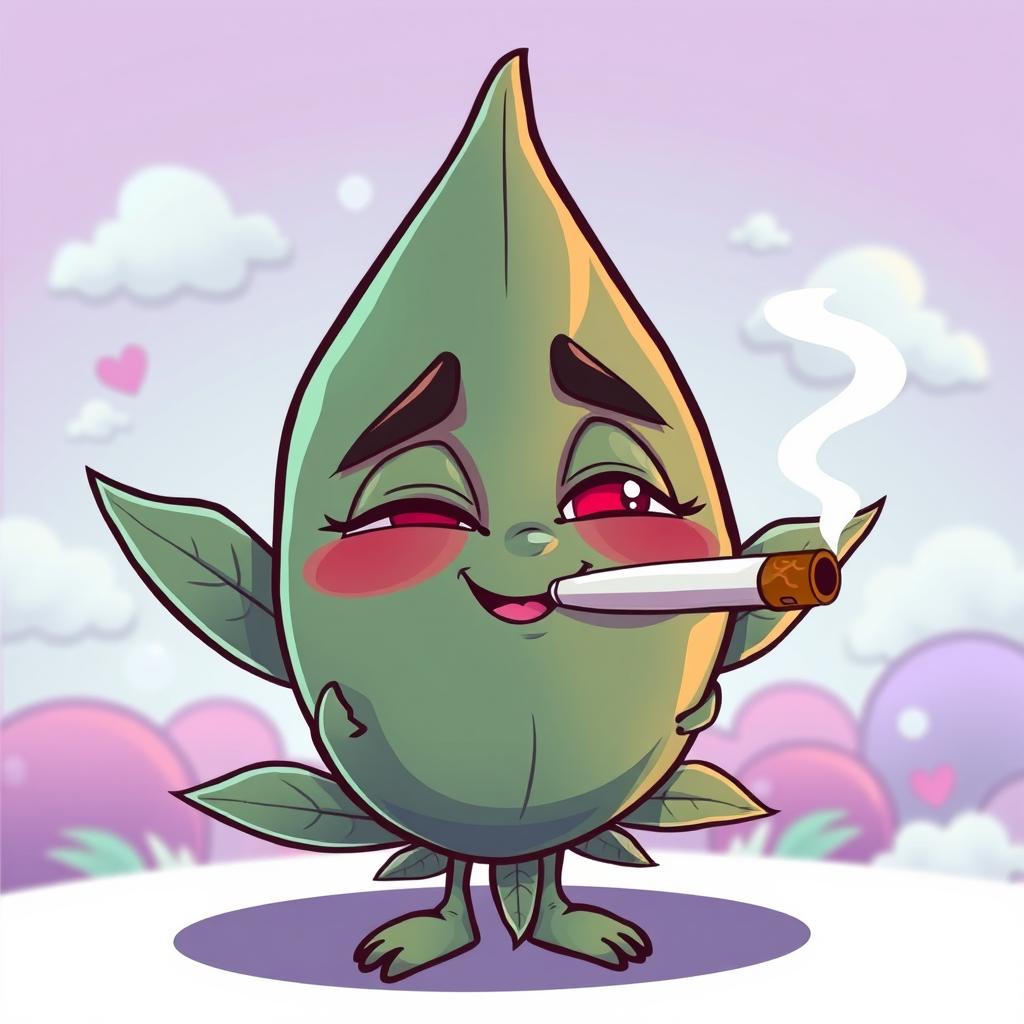 A cartoonish marijuana leaf character with tired, red eyes, comfortably smoking a joint