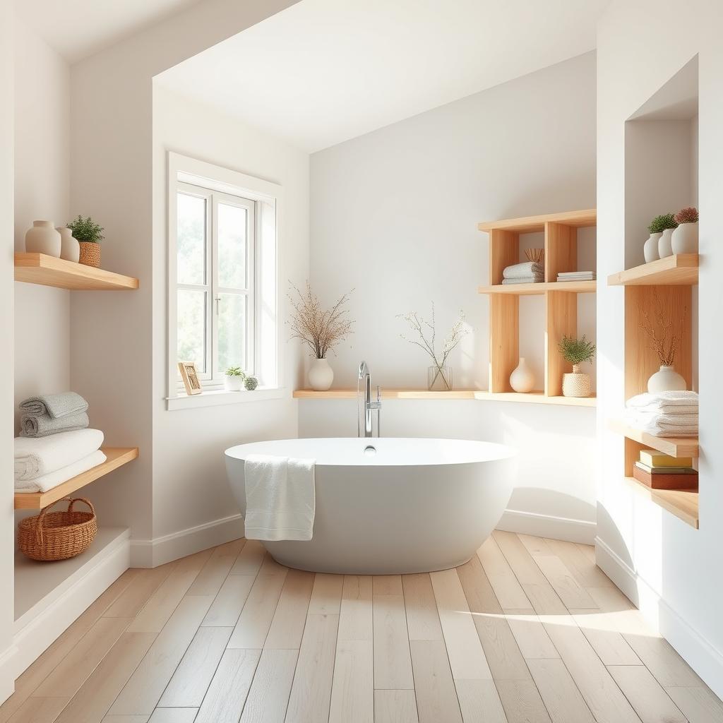 A modern minimalist bathroom designed in a cozy cottage style, featuring a harmonious blend of white and natural wood colors