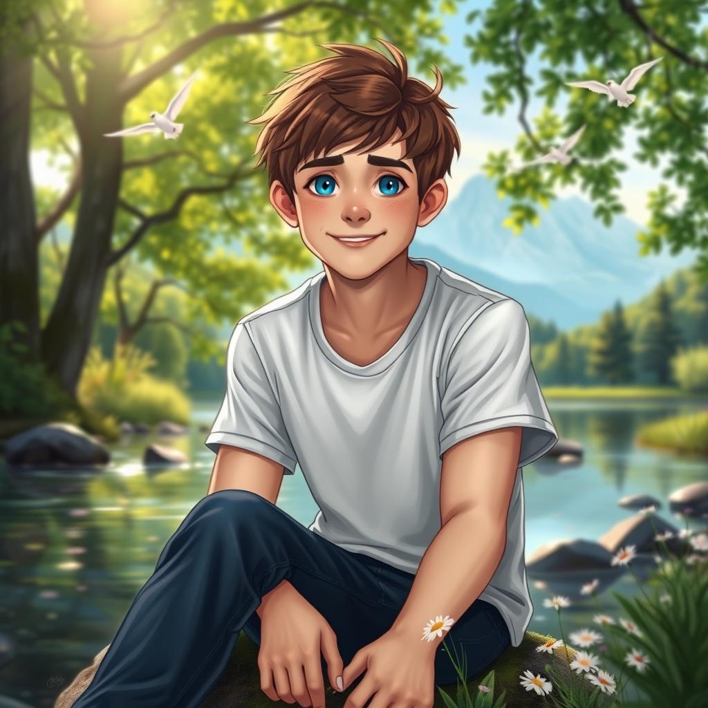A detailed and captivating portrait of a character named Sawyer, depicted in a serene outdoor setting
