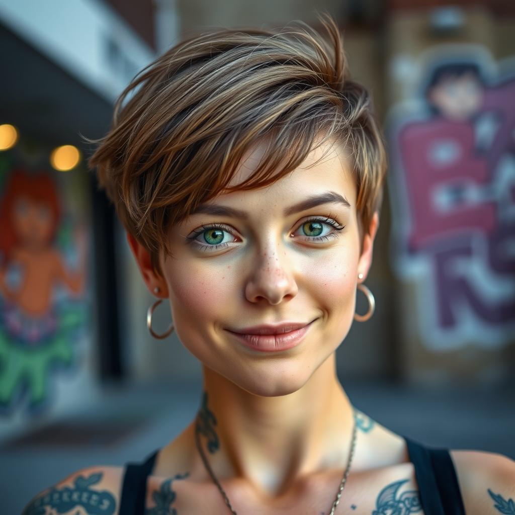 A person with short brown hair, vibrant green eyes, and freckles on their face
