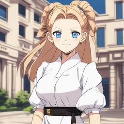 Portray a girl with long, silky caramel blonde hair and blue eyes in the anime style of Jujutsu Kaisen. She's wearing an oversized white dress with puffed sleeves, and is standing and smiling in front of a University.