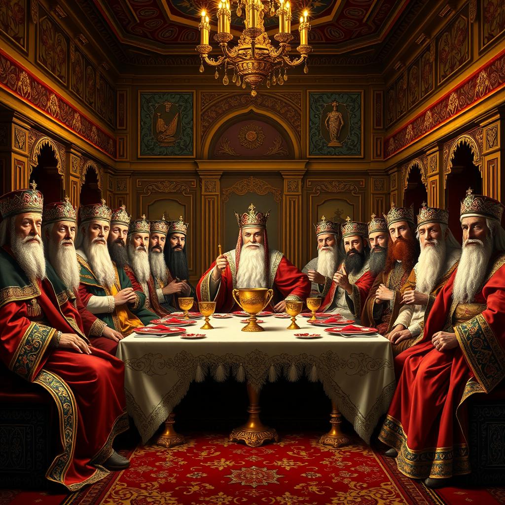 A grand portrayal of all the kings of Iran gathered in one frame, inspired by 'The Last Supper'