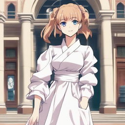 Portray a girl with long, silky caramel blonde hair and blue eyes in the anime style of Jujutsu Kaisen. She's wearing an oversized white dress with puffed sleeves, and is standing and smiling in front of a University.