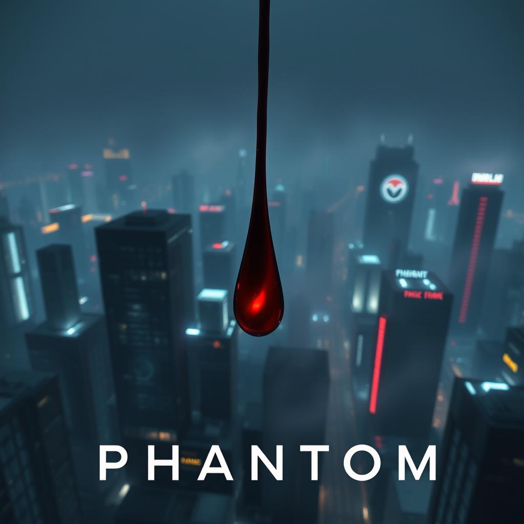 A vague, ghostly blood drop suspended in the air, with a sprawling sci-fi city view in the background