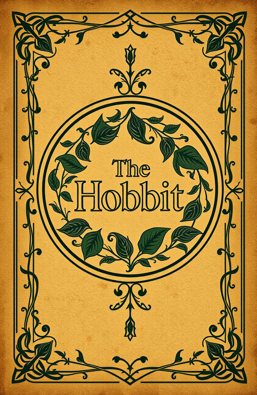 A vintage book cover design for 'The Hobbit' featuring an ornate border adorned with delicate leaves and vines, evoking an old-world charm