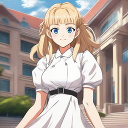 Portray a girl with long, silky caramel blonde hair and blue eyes in the anime style of Jujutsu Kaisen. She's wearing an oversized white dress with puffed sleeves, and is standing and smiling in front of a University.