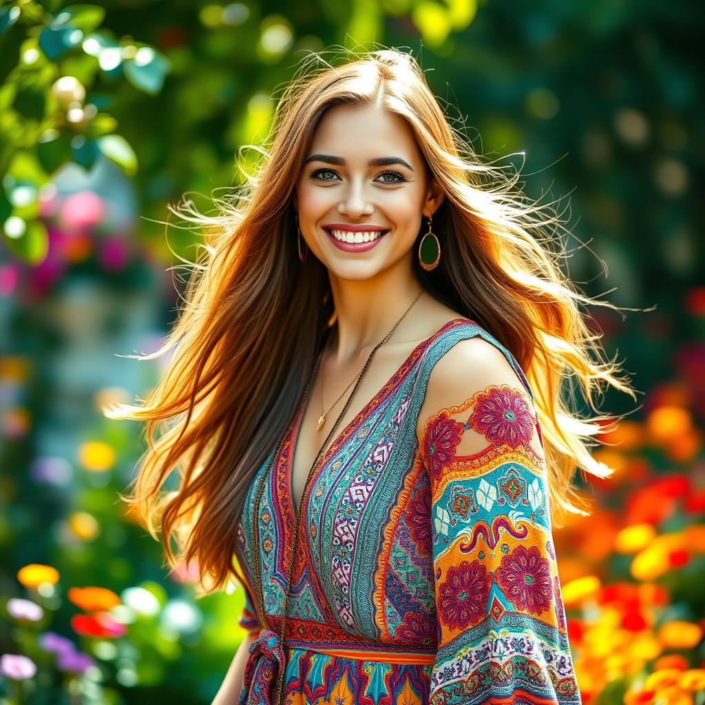 A stunning portrait of a confident young woman with flowing long hair, wearing a colorful bohemian dress adorned with intricate patterns