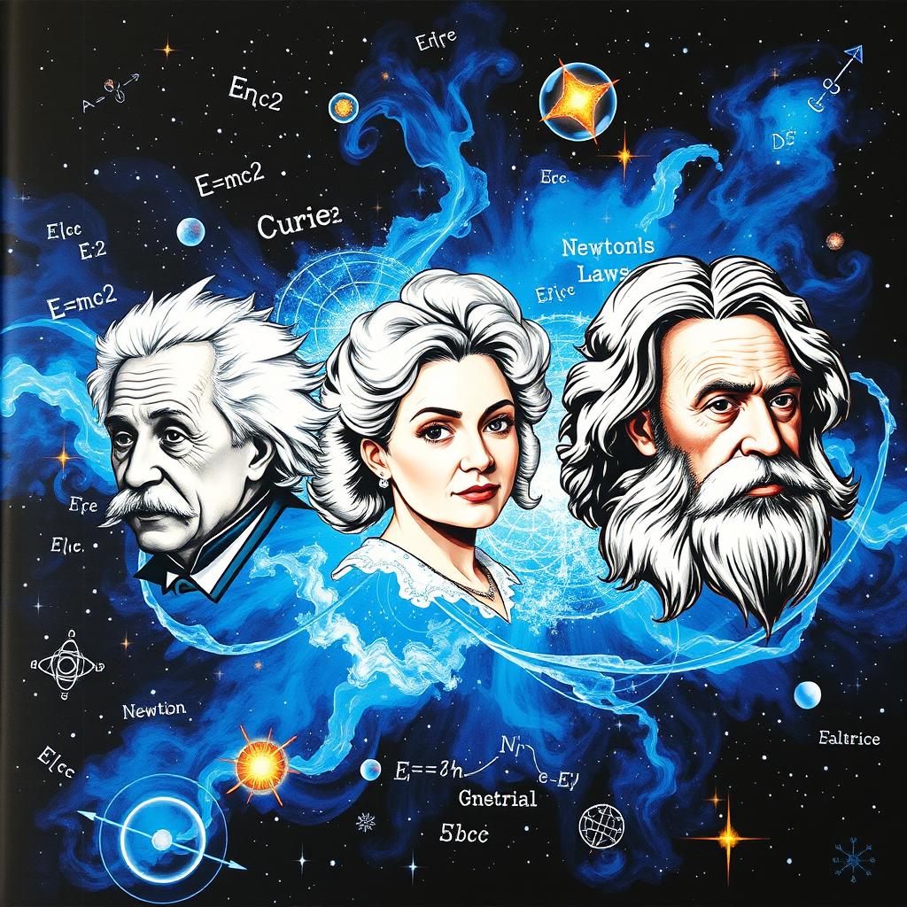 A captivating cover design for physics notebooks featuring portraits of famous physicists such as Albert Einstein, Marie Curie, and Isaac Newton, integrated with dynamic, swirling equations and formulas like E=mc² and Newton's laws