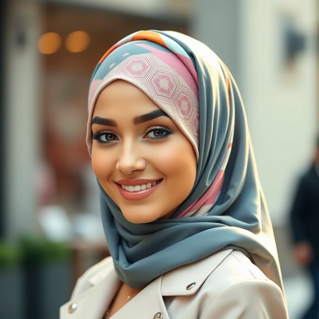 A beautiful woman wearing a modern, colorful hijab, styled elegantly around her head