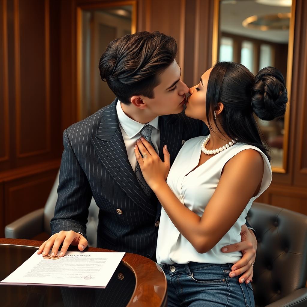 A stylish scene inside an elegant office, showcasing a well-dressed couple sharing a kiss