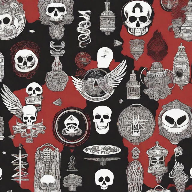 A surrealistic wallpaper featuring stylized logos or symbols for Neck Deep, My Chemical Romance, and Avenged Sevenfold intertwined harmoniously in a striking color scheme.