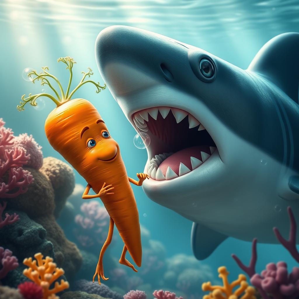 A realistic carrot with anthropomorphic features, including small hands and legs, drinking from a giant shark's open mouth