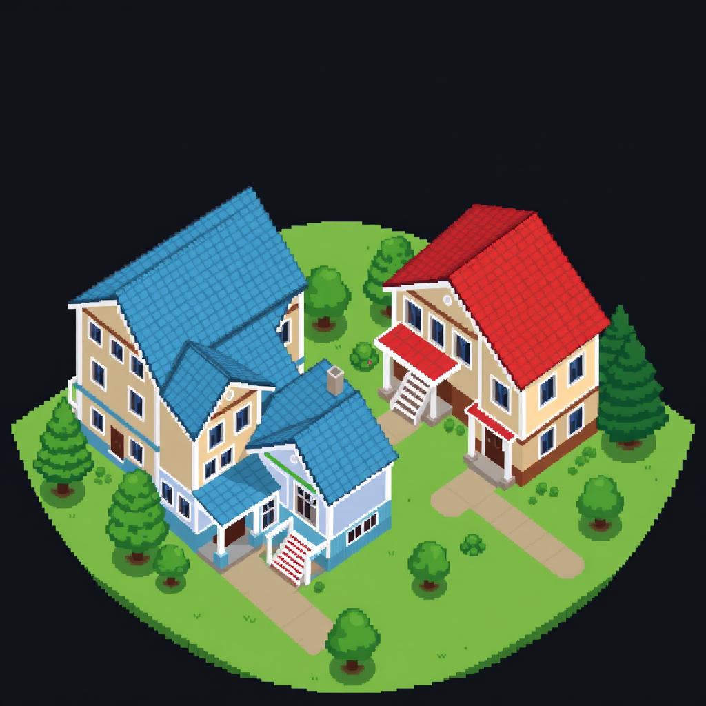 A large 2D pixel art image featuring four two-story houses with different colored roofs