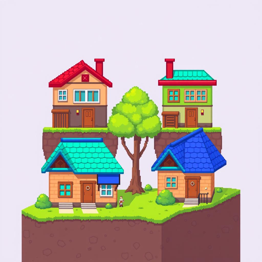A vibrant 2D pixel art scene for a platformer game featuring four two-story houses, each with different colored rooftops