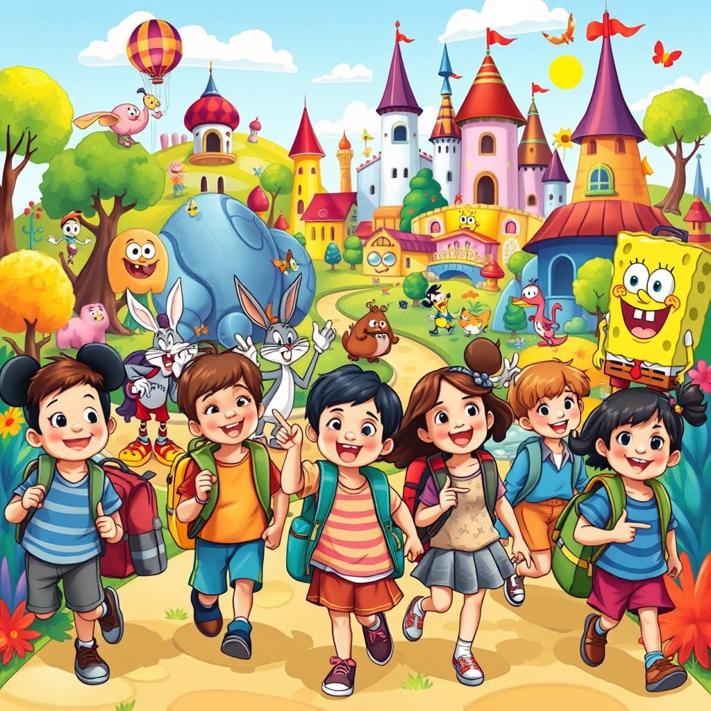 A vibrant illustration of a group of children joyfully traveling through a whimsical world filled with famous cartoon characters