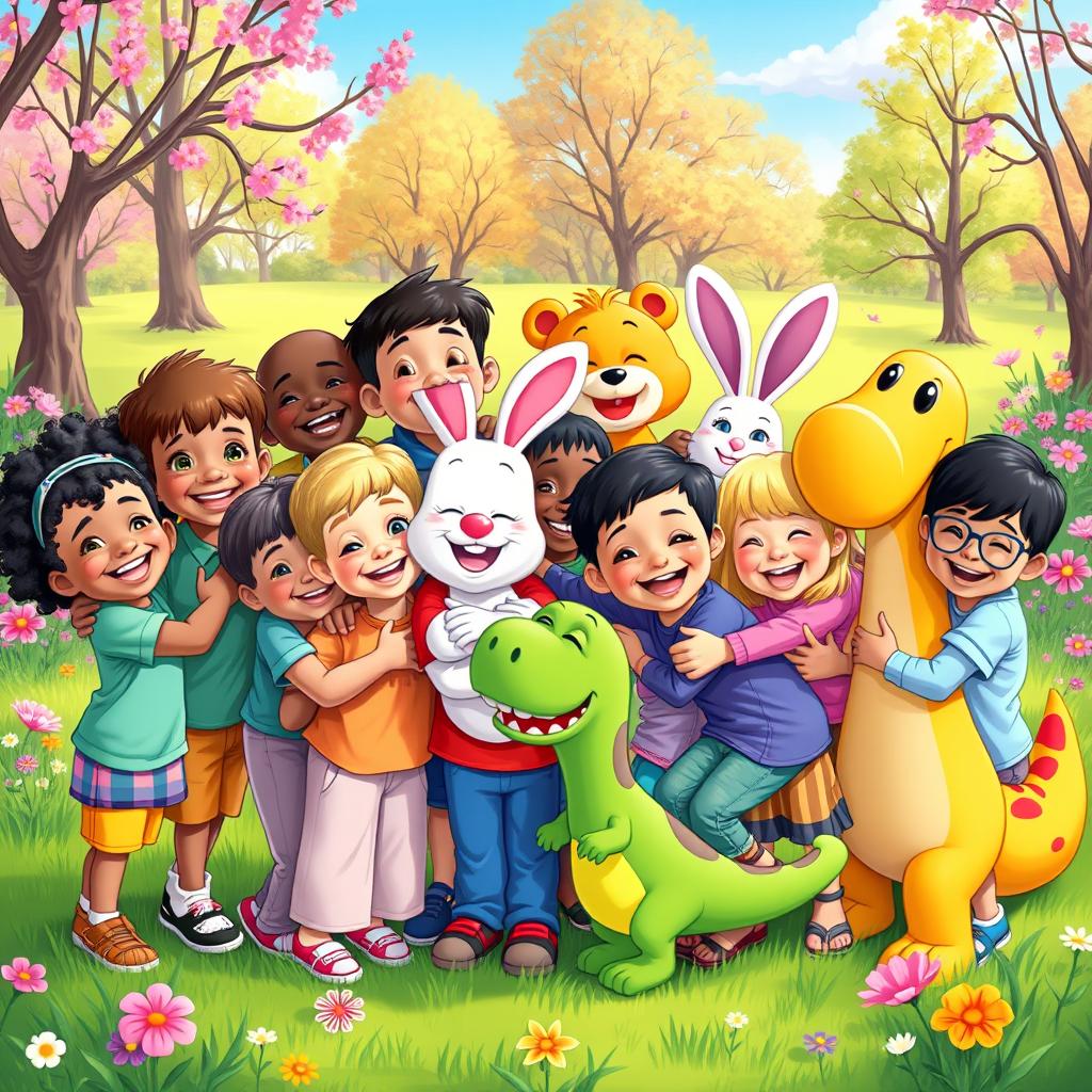 A colorful and lively scene showing a group of joyful children hugging various beloved cartoon characters