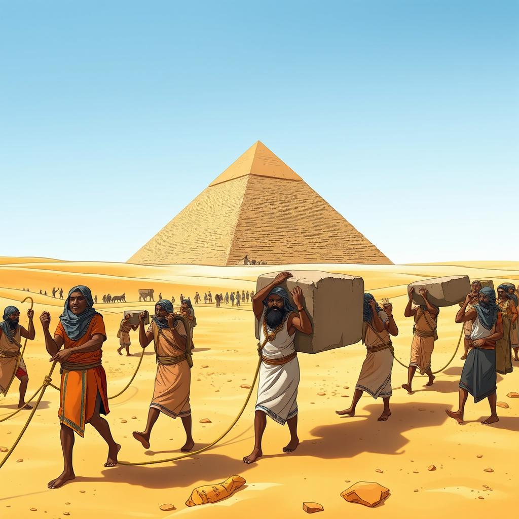 An illustration depicting ancient Egyptian workers in traditional clothing, diligently hauling massive stones across a desert landscape