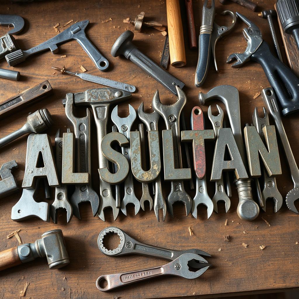 A creative composition featuring various hand tools such as hammers, wrenches, pliers, and screwdrivers skillfully arranged to form the name "AL SULTAN"