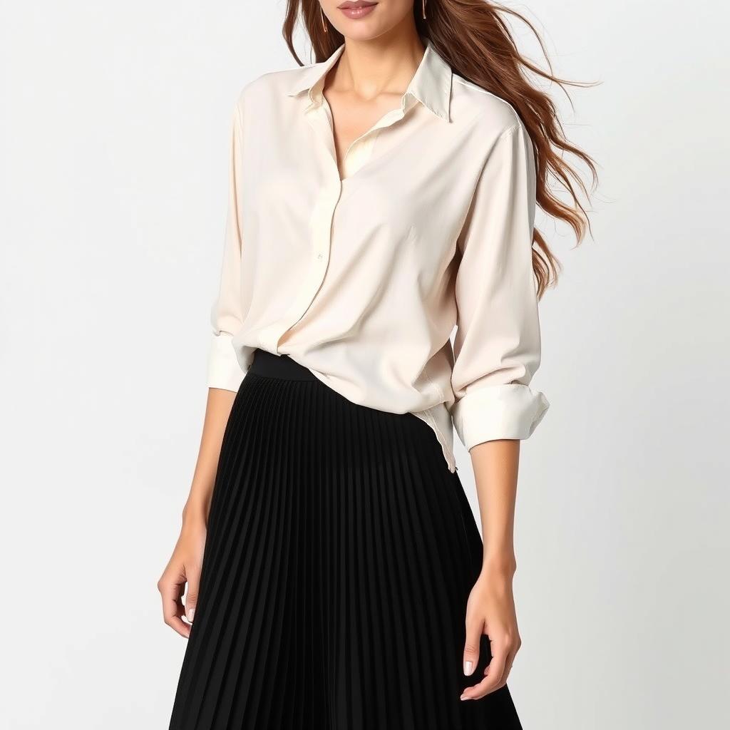 A fashionable woman wearing a cream viscose shirt tucked into a stylish pleated black skirt, standing confidently with a neutral background