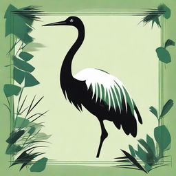 Craft a poised silhouette of a crane in green and black tones, emphasizing the bird's elegant form against a contrasting background.