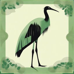 Craft a poised silhouette of a crane in green and black tones, emphasizing the bird's elegant form against a contrasting background.