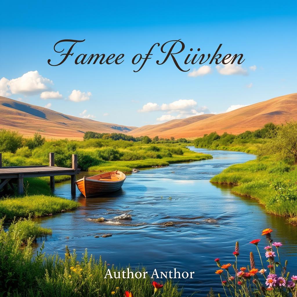 A serene riverside scene depicting a picturesque landscape for a book cover