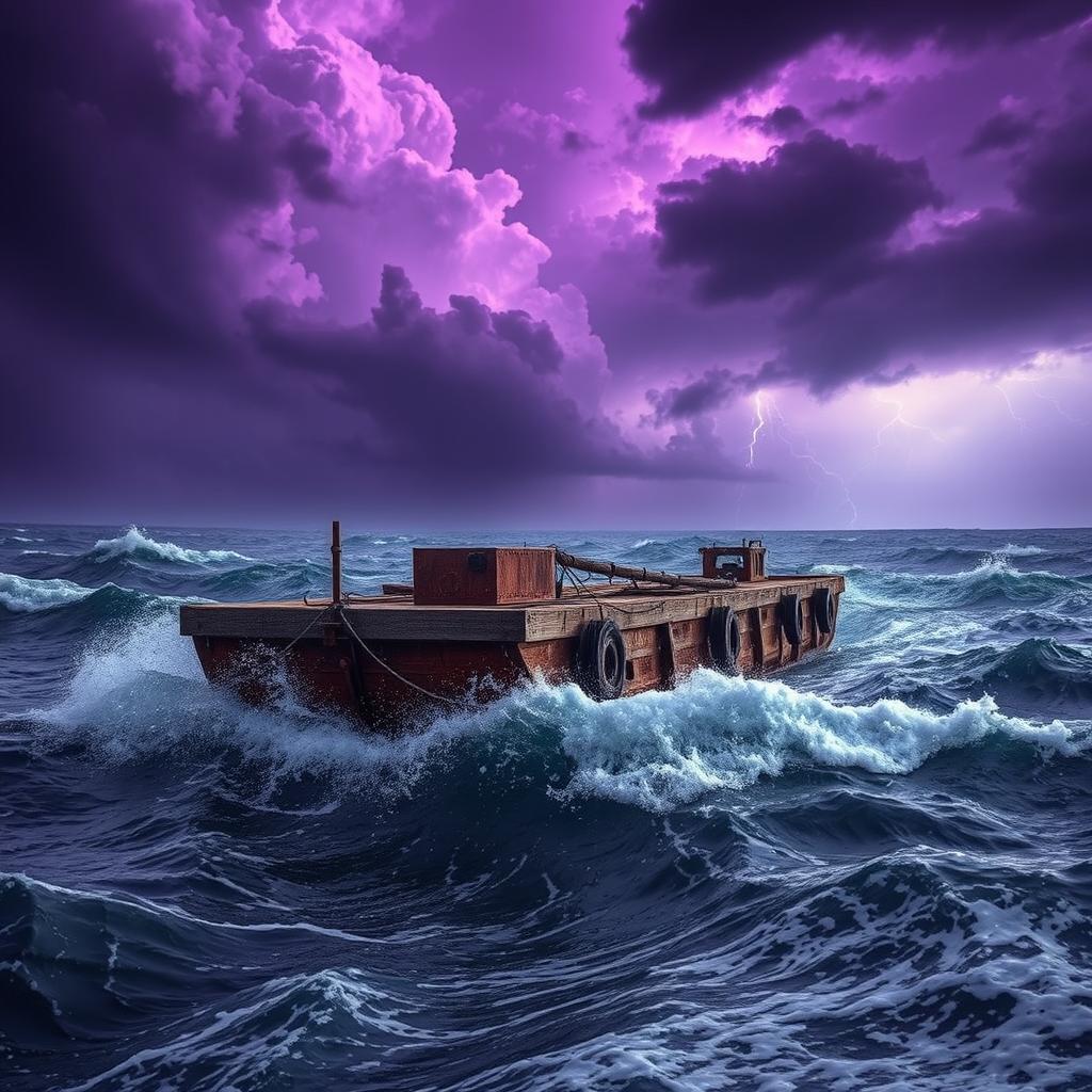 A flat barge navigating through a rough sea, surrounded by purple storm clouds that forebode a tempest